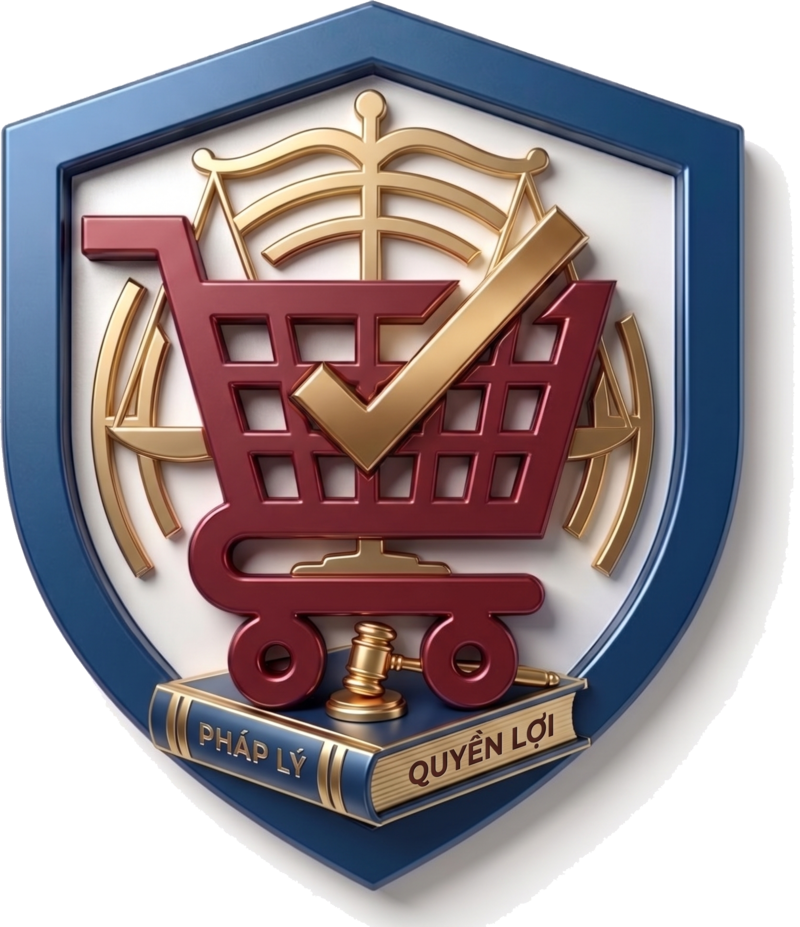Logo Luật Thương mại điện tử: khiên bảo vệ, xe hàng, cân công lý